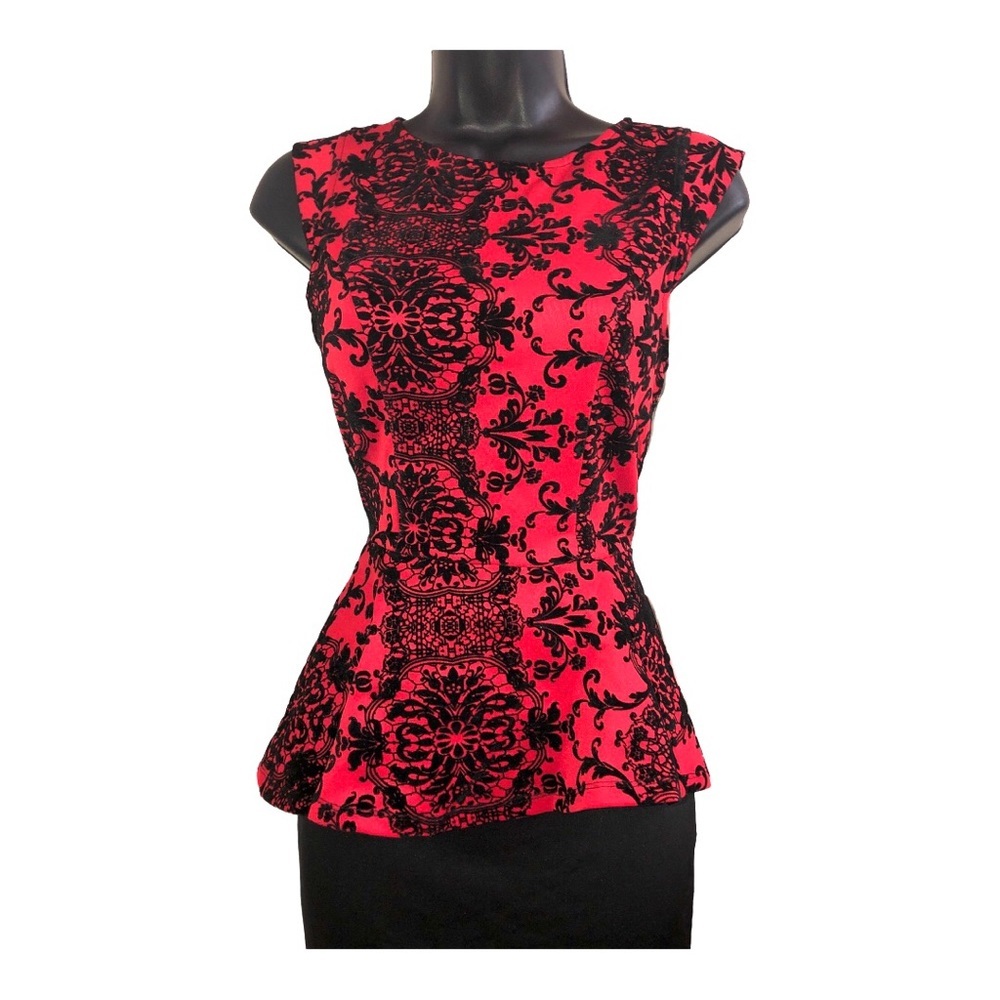 Red black floral embroidered lace back peplum fitted dress size small brand new - Picture 10 of 16